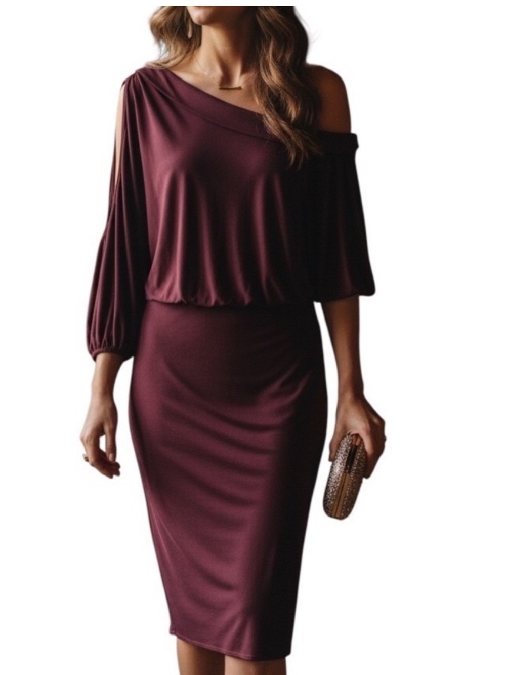 Black Halo Leto Jersey Puff One-Shoulder Burgundy cocktail Dress
